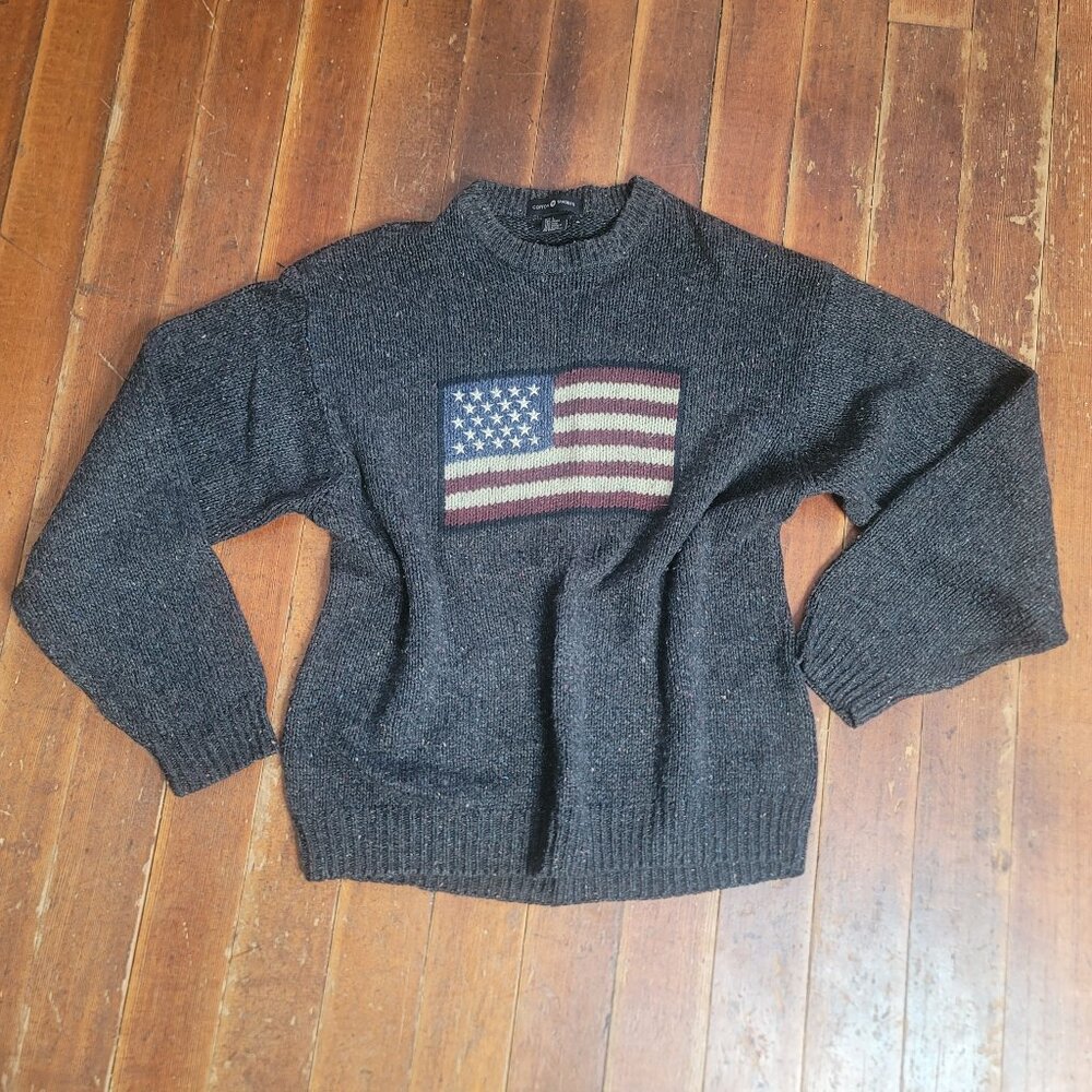 Cotton Traders Fully knit American Flag sweater, grey, Size Large, wool blend